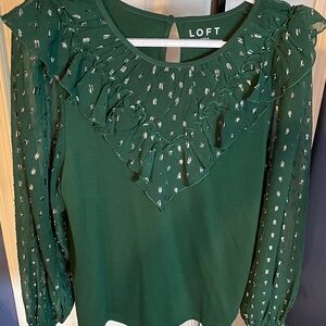 Loft Sheer Long Sleeve Green Blouse with Silver Accents L